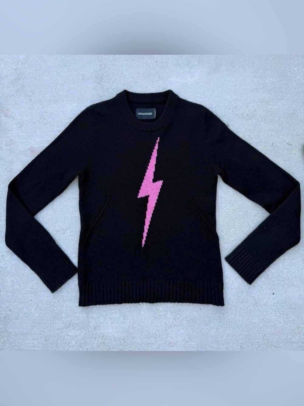 Zadig & Voltaire Black Cashmere Sweater with Pink Lightening Bolt Size XS